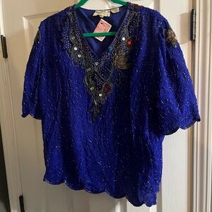 Vintage Beaded Blue Silk Top